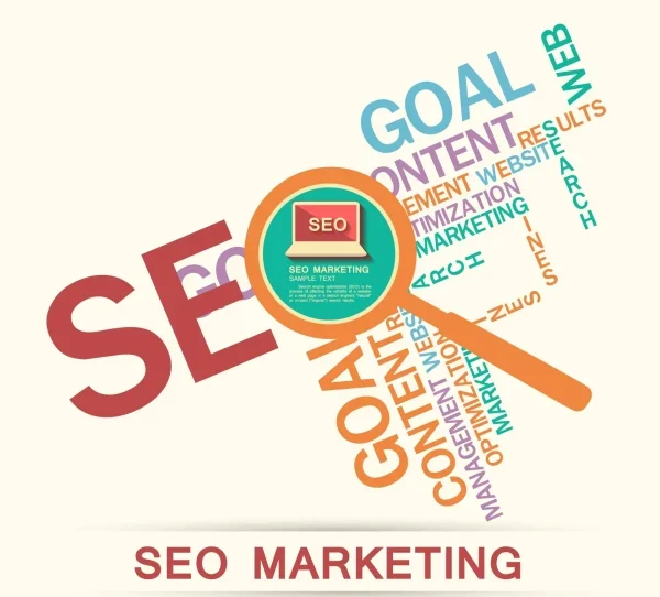 SEO marketing concept with magnifying glass and keywords.